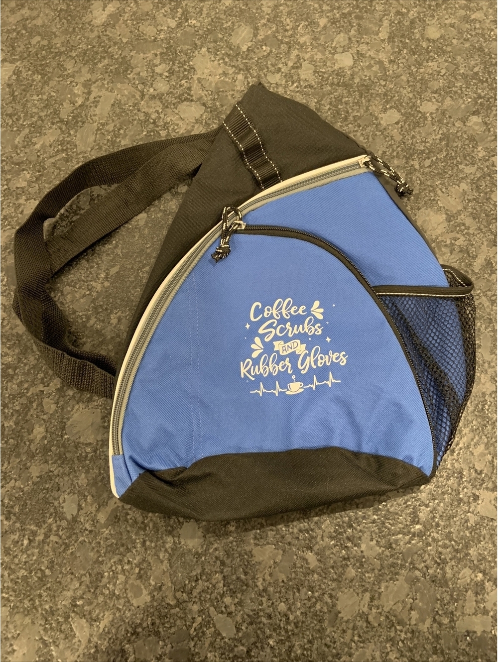 Coffee Scrubs and Rubber Gloves Two Pocket Adjustable Cross Body Backpack